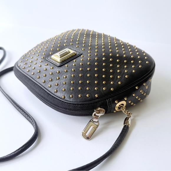 Vintage Judith Leiber Black Leather Gold Studded Red Lined Crossbody Bag Spain - Picture 4 of 16